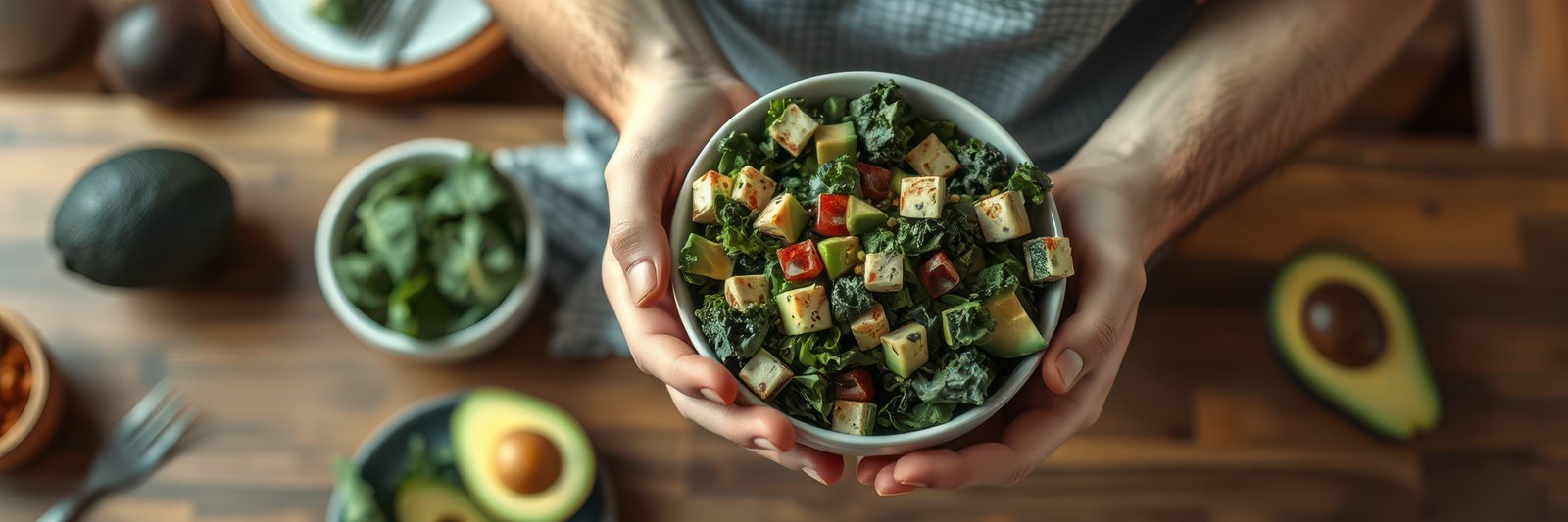 Fresh salad preparation in a cozy kitchen with colorful ingredients and a rustic wooden table
